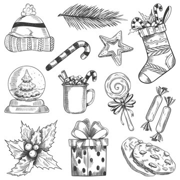 Set of cookies, hat, sock, glass ball, hot drink, gift, holly holly Sketch style