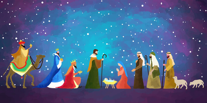 Christmas Nativity scene. Hand drawn background illustration. Vector EPS10.