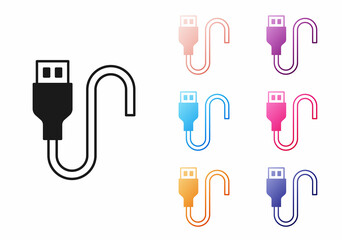 Black USB cable cord icon isolated on white background. Connectors and sockets for PC and mobile devices. Set icons colorful. Vector