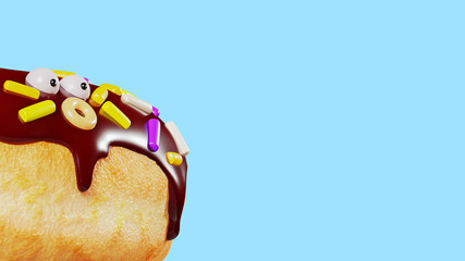Funny donut with a face, 3d render. Funny shocked donut face, banner. Donut border, 3d illustration