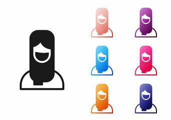 Black Muslim woman in hijab icon isolated on white background. Set icons colorful. Vector