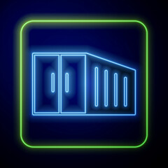 Glowing neon Container icon isolated on blue background. Crane lifts a container with cargo. Vector