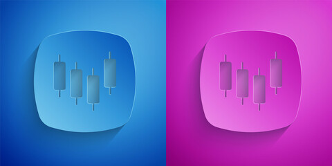 Paper cut Browser with stocks market growth graphs and money icon isolated on blue and purple background. Monitor with stock charts arrow on screen. Paper art style. Vector
