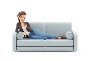 3d cartoon woman lying on sofa and looking at smartphone