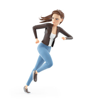 3d cartoon woman running and looking back