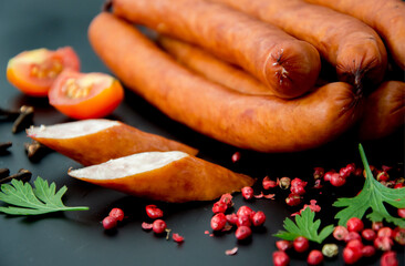 Tasty sausages and vegetables isolated over solid background