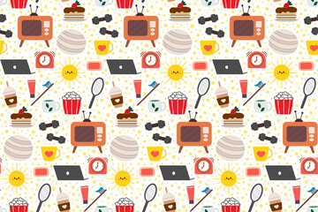 Seamless repeating pattern with cozy household items. Morning and evening routine. Vector illustration.