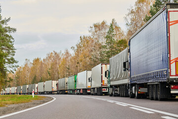 Lorry truck stack in long traffic jam - obrazy, fototapety, plakaty