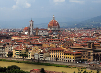 View From Piazzale Michelangelo To The Historic Old Town With The Famous Cathedral Santa Maria Del Fiore In Florence Tuscany Italy On A Beautiful Spring Day With A Blue Sky And A Few Clouds