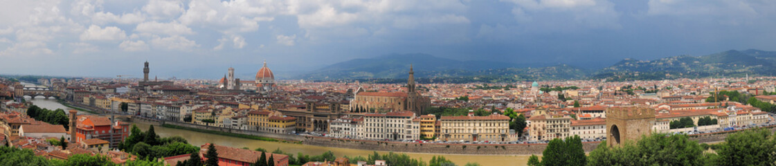 Fototapeta na wymiar View From Piazzale Michelangelo To The Historic Old Town With The Famous Cathedral Santa Maria Del Fiore In Florence Tuscany Italy On A Beautiful Spring Day With A Blue Sky And A Few Clouds