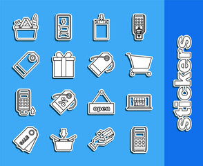 Set line Pos terminal, Shopping building on screen laptop, cart, Paper shopping bag, Gift box, Blank label template price tag, basket and food and icon. Vector