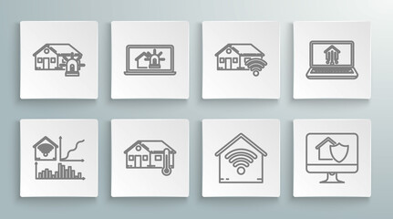 Set line Smart home with wi-fi, Laptop smart house and alarm, House temperature, Computer monitor under protection, and icon. Vector