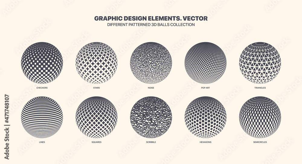 Wall mural assorted various patterned 3d balls vector with different geometric textures set isolated on white b