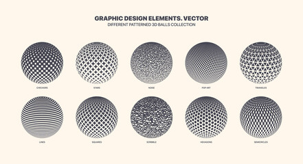 Assorted Various Patterned 3D Balls Vector With Different Geometric Textures Set Isolated On White Background. Modern Graphic Black White 3D Spheres Variety Patterns. Variations Of Orb Design Elements