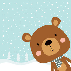 winter greeting card with bear, cartoon animals