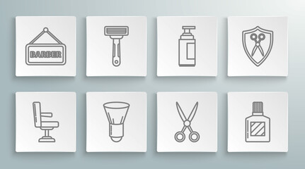 Set line Barbershop chair, Shaving razor, brush, Scissors hairdresser, Aftershave, Cream lotion cosmetic tube, and shield and icon. Vector