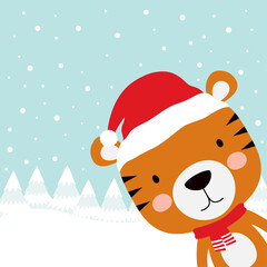 winter greeting card with tiger, cartoon animals