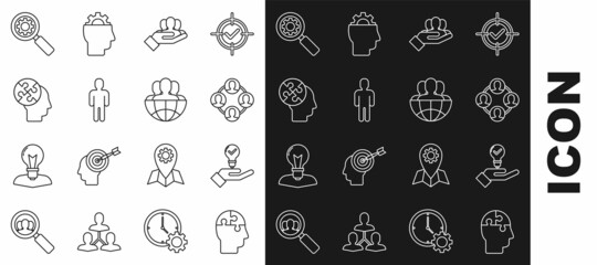 Set line Human head puzzles strategy, Light bulb in hand, Project team base, User of business suit, Magnifying glass gear and Globe people icon. Vector