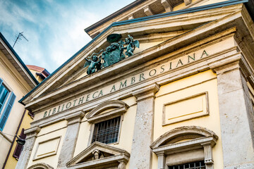 The entrance of the Biblioteca Ambrosiana, a historic library in Milan estabilished in the 17th...