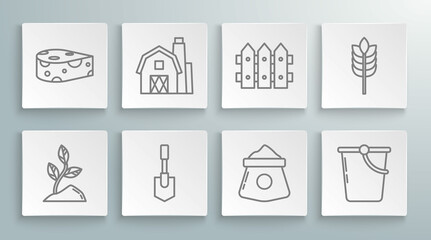 Set line Sprout, Farm House concept, Shovel, Bag of flour, Bucket, Garden fence wooden, Cereals with rice, wheat, corn, oats, rye and Cheese icon. Vector