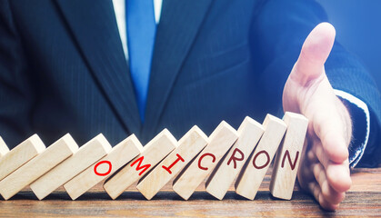 The man stops the spread New Omicron coronavirus COVID-19. Stop infections. The threat of a new wave of infection. Little knowledge. Low efficiency of vaccines and acquired immunity