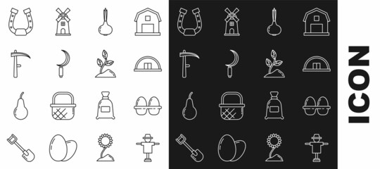 Set line Scarecrow, Chicken egg in box, Hangar, Onion, Sickle, Scythe, Horseshoe and Sprout icon. Vector
