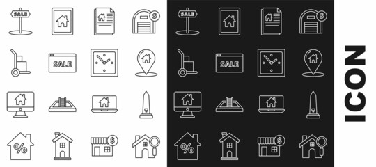 Set line Search house, Washington monument, Map pointer with, House contract, Hanging sign text Online Sale, Hand truck and boxes, and Clock icon. Vector