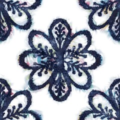 Seamless navy and white happy colorful tribal ethnic rug motif pattern. High quality illustration. High contrast hand drawn design. Seamless repeat raster jpg pattern.