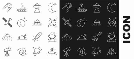 Set line Mars rover, Astronaut, Earth globe, UFO flying spaceship, Moon and stars, Satellite, and icon. Vector