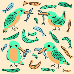Kingfisher birds and fishes doodle collection. Perfect for T-shirt, stickers, textile and print. Hand drawn vector illustration for decor and design. 
