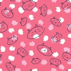 Poster Doodle seamless pattern of kitty faces and spots. Perfect for T-shirt, textile and print. Hand drawn vector illustration for decor and design.  © Anna
