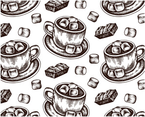 Sketch hand drawn pattern of cup of hot chocolate with roasted marshmallows on white background. Engraving mug of hot cocoa, piece of chocolate. Winter, Christmas drink wallpaper. Vector illustration - 471752527