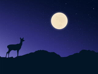 Obraz na płótnie Canvas Deer standing on the mountain. Abstract landscape background. Deer and mountain silhouette. Vector illustration.