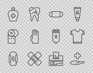 Set line Sanitary napkin, Cross hospital medical, Medical protective mask, Crossed bandage plaster, Bottle of liquid antibacterial soap, Rubber gloves, Wet wipe pack and T-shirt icon. Vector