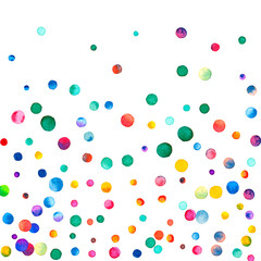 Watercolor confetti on white background. Admirable rainbow colored dots. Happy celebration square colorful bright card. Tempting hand painted confetti.