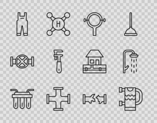 Set line Water filter, Heated towel rail, Filter wrench, Industry metallic pipe, Work overalls, Pipe adjustable, Broken and Shower icon. Vector