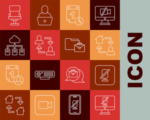 Set line Mute microphone on computer, Online working, Time management, Project team base, Office chair and icon. Vector