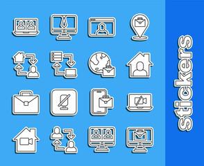 Set line Online working, Video camera Off on laptop, chat conference, and icon. Vector