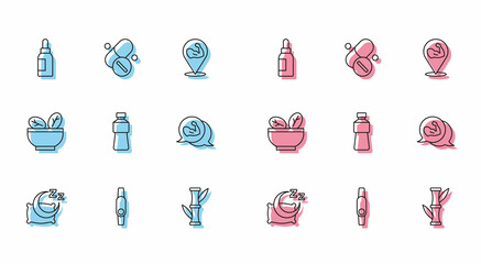 Set line Time to sleep, Smartwatch, Essential oil bottle, Bamboo, Bottle of water, Bodybuilder muscle, Salad in bowl and Vitamin pill icon. Vector