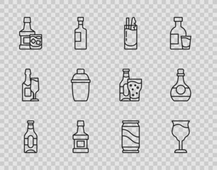 Set line Beer bottle, Wine glass, Cocktail Bloody Mary, Whiskey, and, shaker, can and Bottle of cognac or brandy icon. Vector