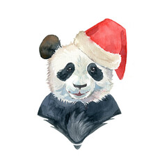 Festive panda wearing santa claus hat, watercolor painting. Postcard a New Year and Christmas.