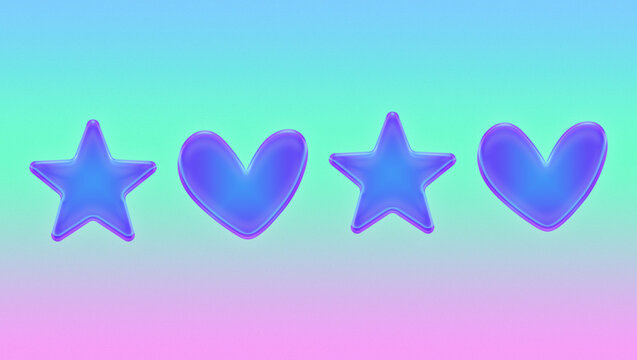 Glowing and gradient stars and hearts, gradient grain background. Cyber tecno aesthetic for background, banner and post.