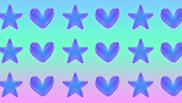 Glowing and gradient stars and hearts, gradient grain background texture. Cyber tecno aesthetic for background, banner, post and texture.