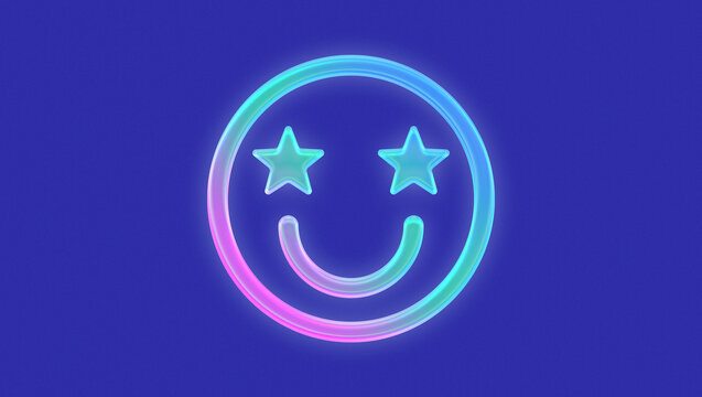 Glowing and gradient smiley face with star eyes, purple grain background. Cyber tecno aesthetic for background, banner and post.