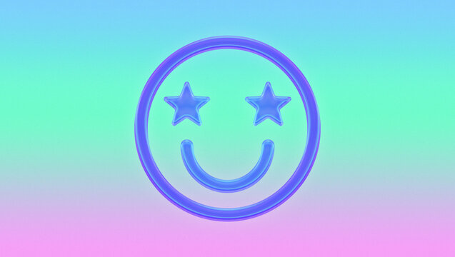 Glowing and gradient smiley face with star eyes, gradient grain background. Cyber tecno aesthetic for background, banner and post.