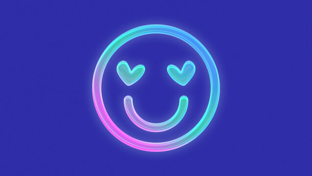 Glowing and gradient smiley face with heart eyes, purple grain background. Cyber tecno aesthetic for background, banner and post.