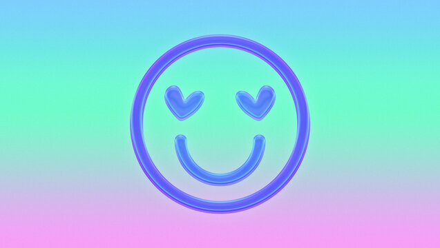 Glowing and gradient smiley face with heart eyes, gradient grain background. Cyber tecno aesthetic for background, banner and post.