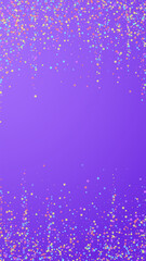 Festive comely confetti. Celebration stars. Colorful stars small on violet background. Good-looking festive overlay template. Vertical vector background.