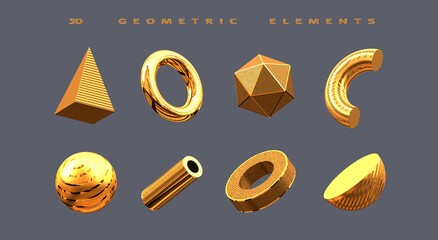 Festive set of 3d Isolated graphic realistic primitives on gray background close-up. 3d rendering gold geometric elements for design