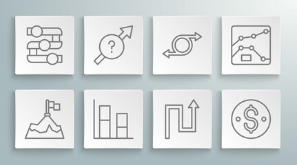 Set line Mountains with flag, Arrow, Graph, chart, diagram, Dollar symbol, and icon. Vector